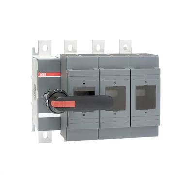 Szary wyłącznik elektromagnetyczny marki ABB z czarną dźwignią i czerwonym oznaczeniem, zamontowany na płycie metalowej.