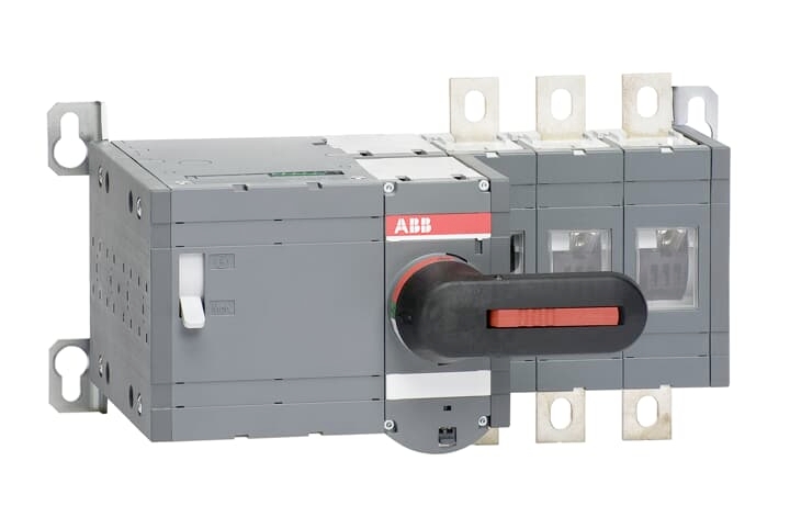 Przełącznik przemysłowy w szarej obudowie z czerwoną dźwignią, przeznaczony do sterowania urządzeniami elektrycznymi. Logo producenta 'ABB' widoczne.