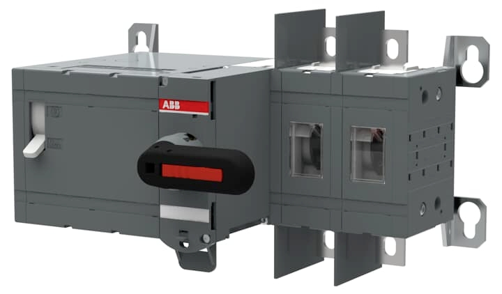 Elektryczny przełącznik z czerwoną dźwignią sterującą, obudową w kolorze szarym i logo ABB, nadający się do montażu na metalowej płycie montażowej.