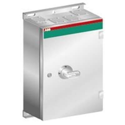 Metalowa szafa sterownicza z elektrycznymi elementami sterującymi, posiadająca czerwony i zielony pas na górnej części, z obrotowym przełącznikiem na froncie, przeznaczona do zastosowań przemysłowych.