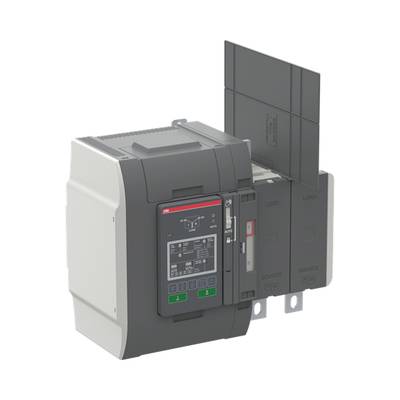 Modularny wyłącznik z cyfrowym wyświetlaczem i przyciskami sterującymi, zintegrowany do zastosowań przemysłowych, służący do monitorowania i kontroli systemów elektrycznych.