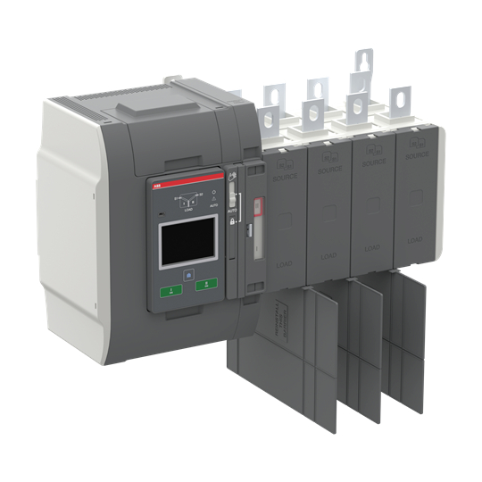Elektroniczny wyłącznik mocy z wyświetlaczem cyfrowym i czterema oznaczonymi zaciskami, przeznaczony do zastosowań przemysłowych.