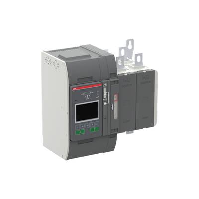 Elektryczny wyłącznik ochronny z cyfrowym wyświetlaczem i elementami sterującymi, pokazujący dwa złącza wejściowe i jedno wyjściowe.