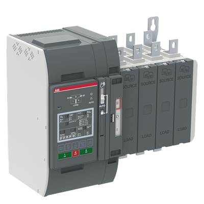 Elektryczny przełącznik z wskaźnikami 'Load' i 'Source', wieloma złączami u góry oraz cyfrowym panelem sterowania z lewej strony z przodu.