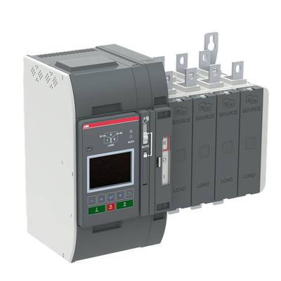Elektryczny moduł z wieloma złączami i wyświetlaczem, wskazujący stany pracy 'Obciążenie' i 'Źródło'.