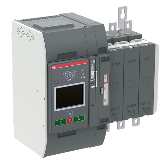 Elektroniczne urządzenie sterujące z cyfrowym wyświetlaczem, przyciskami i przełącznikami, oznaczone napisami 'LOAD' i 'SOURCE' do dystrybucji energii.