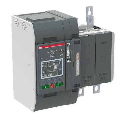 Automatyczny przełącznik transferowy w szarowej obudowie, stosowany do przełączania między źródłami zasilania, wyposażony w panel sterowania do kontroli manualnej i automatycznej.