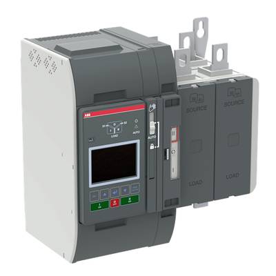 Urządzenie elektryczne z ekranem, przełącznikami i złączami. Opisane napisami 'SOURCE' i 'LOAD', służy do sterowania i dystrybucji prądu.