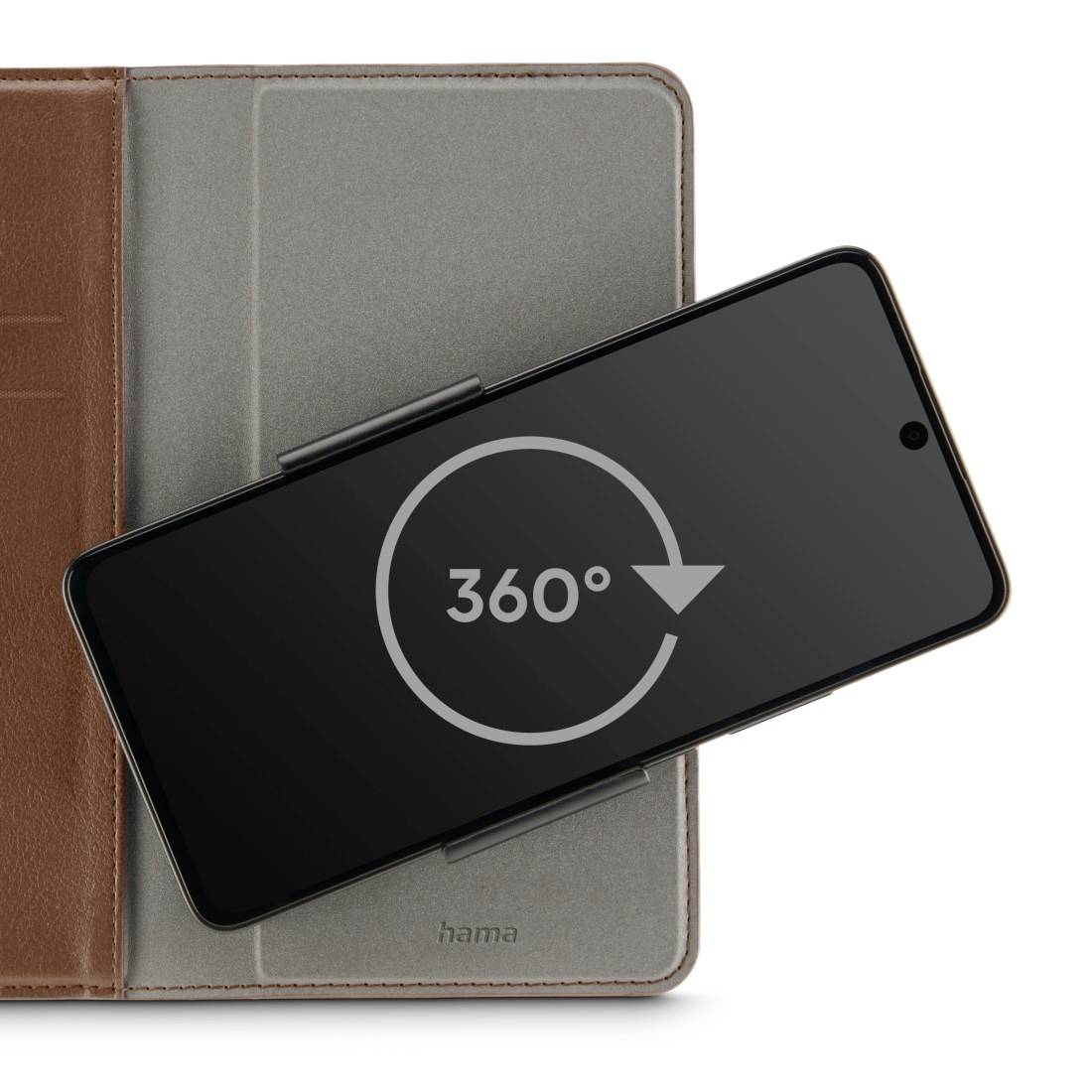 Smartfon w etui, ustawiony w pozycji poziomej. Na ekranie wyświetlany jest symbol strzałki 360 stopni.
