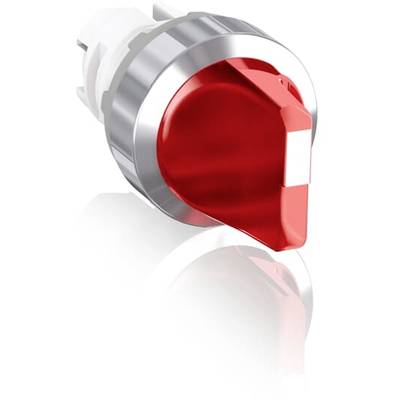 Czerwony przełącznik obrotowy z srebrną krawędzią, skierowany ostrzem do przodu, na białym tle.