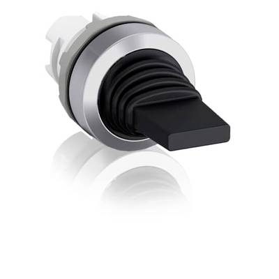 Czarny joystick z srebrną obwódką, zamontowany na białej podstawie, odbijający się na błyszczącej powierzchni.
