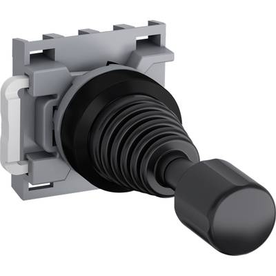 Czarny dźwigniowy joystick osadzony na szarej podstawie, prawdopodobnie wykonanej z tworzywa sztucznego, najprawdopodobniej będący elementem urządzenia sterującego.