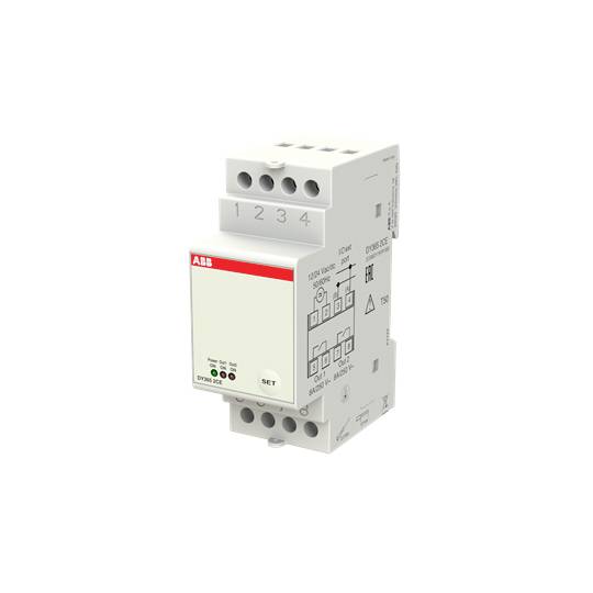 Biały elektryczny programator czasowy z czerwonymi i czarnymi oznaczeniami firmy ABB, przeznaczony do montażu na szynie DIN.