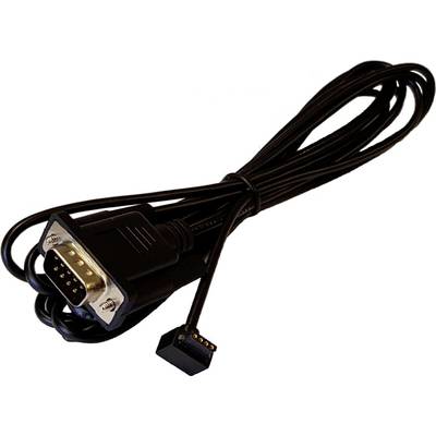 Czarny kabel szeregowy z wtyczką DB9 i małym prostokątnym złączem 4-pinowym, używany do przesyłania danych między urządzeniami.