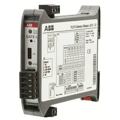 Elektroniczny przyrząd bramkowy ABB Pluto CANopen GATE-C2, z podłączeniami i etykietą ze specyfikacjami technicznymi.