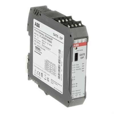 Bramka ABB Pluto, moduł Ethernet/IP, czarna obudowa, widok z przodu przedstawiający złącza i oznaczenia. Zastosowanie w systemach automatyki.
