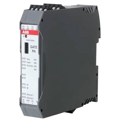 Czarny elektryczny przyrząd bezpieczeństwa firmy ABB o nazwie 'GATE PN' widoczny na przedniej części. Posiada złącza Ethernet.