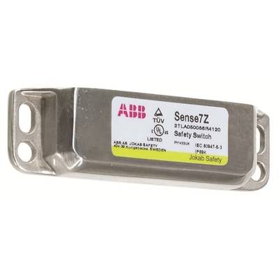 Srebrny przełącznik bezpieczeństwa ABB o nazwie 'Sense7Z', certyfikowany zgodnie z normą IEC 60947-5-3, przedstawiony w ujęciu zbliżonym.