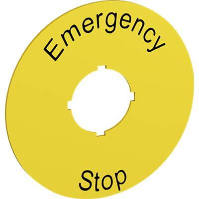 Żółta tabliczka z napisem 'Emergency Stop'. Okrągły kształt z pustym kołem w środku, symbolizujący przycisk awaryjnego zatrzymania.
