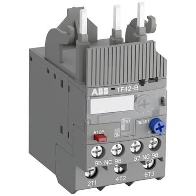 Elektryczne przekaźnik z przyciskami sterującymi i zaciskami przyłączeniowymi, oznaczony jako 'ABB TF42-B'.