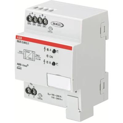 Szaro-biała bramka ABB KNX DALI DG/S 2.64.5.1 z wieloma złączami i wskaźnikami kontrolnymi do sterowania i integracji systemów oświetleniowych.
