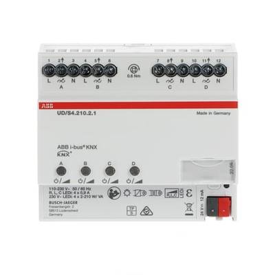 Aktor łączeniowy ABB i-bus KNX UD/S4.210.2.1 z 4 kanałami, opisany symbolami technicznymi, w białej obudowie, wyprodukowany w Niemczech.