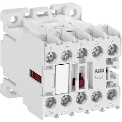 Biały elektryczny przekaźnik ze złączkami wielozaciskowymi, oznaczony logo 'ABB' i 'MC2A', służący do sterowania obwodami elektrycznymi.