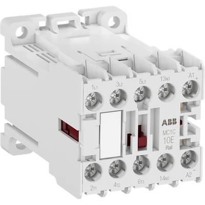 Szaro-biały element elektryczny firmy ABB z wieloma przyłączami, oznaczony symbolem MC1C 10E. Stosowany jest do sterowania w obwodach elektrycznych.