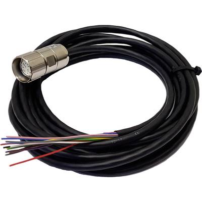 Długi czarny kabel z metalowym wtykiem i kilkoma kolorowymi przewodami na przeciwnym końcu.