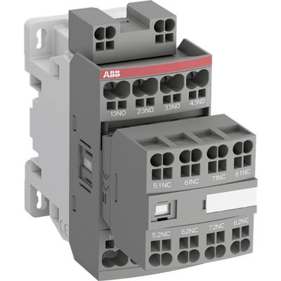 'Szary stycznik ABB z wieloma zaciskami przyłączeniowymi i dużą dźwignią czołową. Stosowany w obwodach elektrycznych do zadań sterujących.'