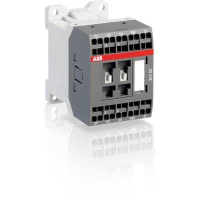 Obraz przedstawia szary przełącznik elektryczny firmy ABB z wieloma przyłączami. Przełącznik jest umieszczony na powierzchni odbijającej światło.