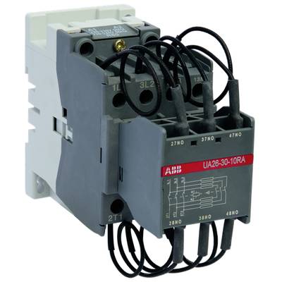 Elektryczny stycznik firmy ABB z wieloma złączami i schematem elektrycznym nadrukowanym głównie w kolorach szarym i czerwonym.