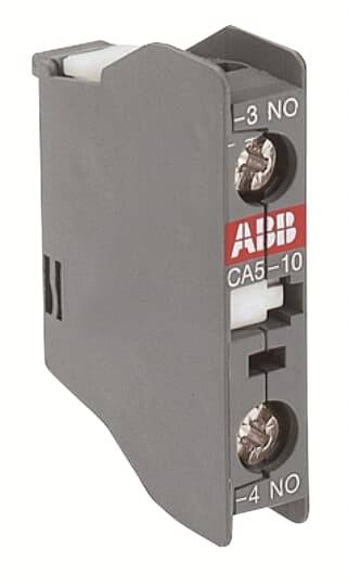 Elektryczny moduł dodatkowy firmy ABB, w kolorze szarym, z przyłączami i oznaczeniami '3 NO', '4 NO', model CA5-10.