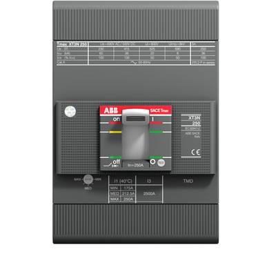 'ABB SACE Tmax X1N-250 wyłącznik mocy, 250A, szary. Wskaźniki włączenia i wyłączenia, z oznaczeniem CE. Obudowa z technicznymi szczegółami na górze.'