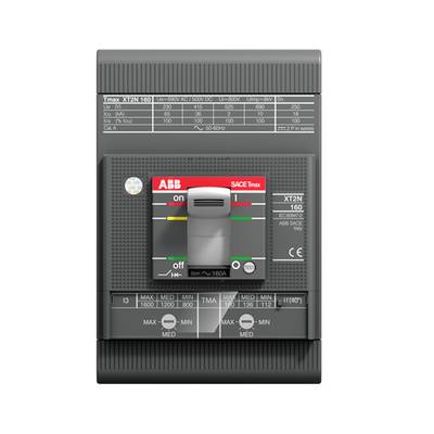 Wyłącznik ABB, model Tmax XT2N 160, z pozycjami włączenia i wyłączenia. Specyfikacje techniczne są nadrukowane powyżej.
