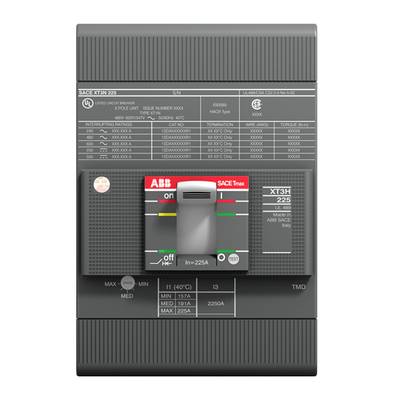 Elektryczny wyłącznik ochronny firmy ABB, model SACE Tmax XT3H. Szara obudowa z dźwignią włączania 'on' i wyłączania 'off'.