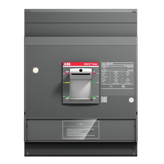 Wyłącznik firmy ABB, model SACE Tmax, przedstawiający pozycje włączenia ('on') i wyłączenia ('off') przełącznika do zarządzania energią.