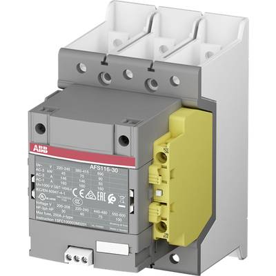Elektromechaniczny przekaźnik z żółtą częścią boczną. Oznaczenia i szczegóły techniczne są widoczne na przedniej stronie.