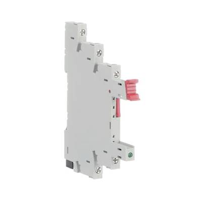 Zdjęcie produktowe szarego przekaźnika elektronicznego z czerwoną dźwignią sterującą, śrubami montażowymi oraz zielonym wskaźnikiem na spodzie.