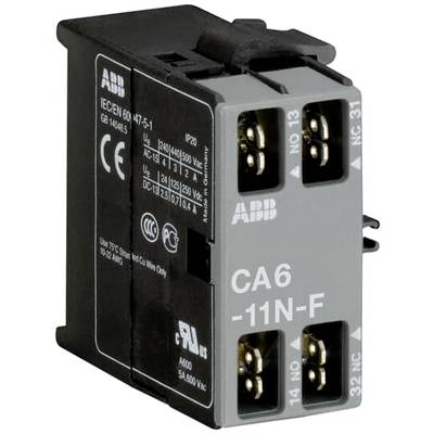 'Przekaźnik ABB CA6-11N-F' w kolorze czarnym, przedstawiający widok z przodu z elektrycznymi zaciskami stykowymi i specyfikacjami technicznymi z boku.