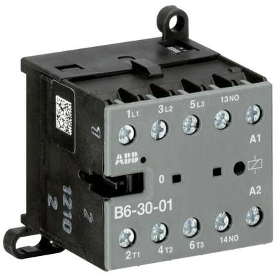 Elektryczny stycznik firmy ABB o numerze modelu B6-30-01, przedstawiający zaciski przyłączeniowe i oznaczenia do sterowania obwodami elektrycznymi.