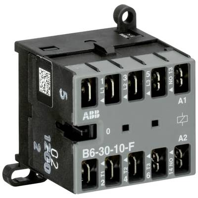 Elektryczny przekaźnik z wieloma zaciskami przyłączeniowymi, numer modelu 'B6-30-10-F', obudowa w kolorze czarnym i szarym, logo marki 'ABB'.