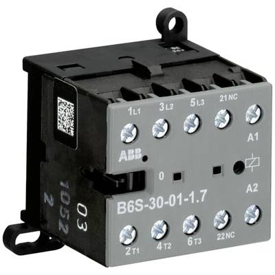 Zabezpieczenie firmy ABB, model B6S-30-01-1.7, prezentuje przyłącza i specyfikację elektryczną.