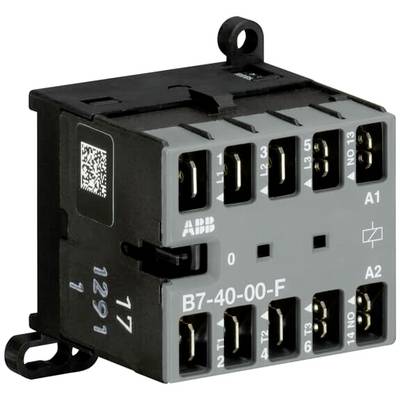 Elektromagnetyczny stycznik firmy ABB, model B7-40-00-F, z wieloma zaciskami przyłączeniowymi i literami oznaczającymi identyfikację podłączeń.
