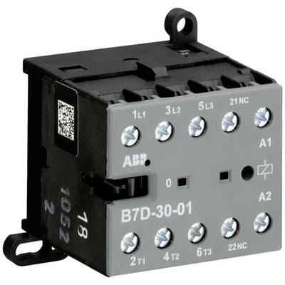 Wyłącznik Schütz typ 'B7D-30-01' firmy ABB z zaciskami dla L1, L2, L3, T1, T2 oraz T3. Czarna obudowa z srebrną przednią stroną.