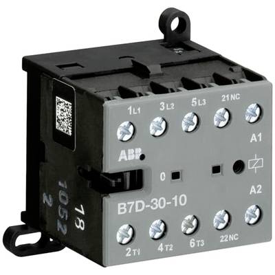Czarno-szary elektryczny stycznik z zaciskami śrubowymi, model 'B7D-30-10' firmy ABB, prezentuje różne punkty przyłączeniowe.