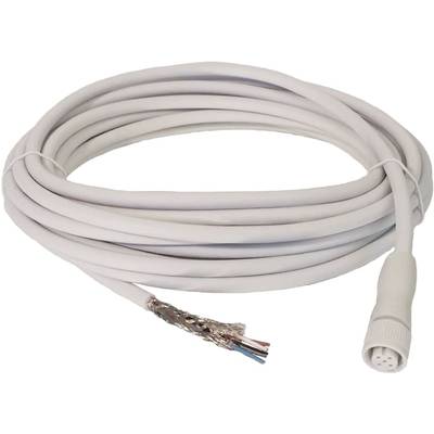 Biały, zwinięty kabel z widocznymi odsłoniętymi przewodami na jednym końcu i okrągłą wtyczką plastikową na drugim końcu.