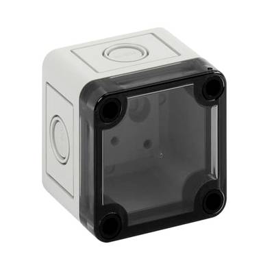 Szara, kwadratowa obudowa z przezroczystą, czarną pokrywą i zaokrąglonymi narożnikami. Odpowiednia do instalacji elektrycznych.