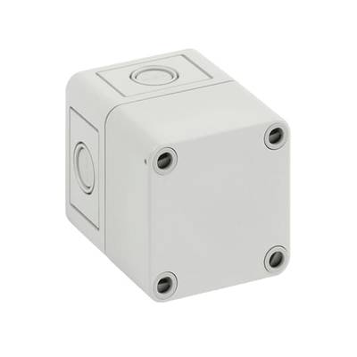 Szara, kwadratowa puszka przyłączeniowa z otworami do mocowania wkrętów w narożnikach oraz okrągłymi wybiciami po bokach. Odpowiednia do instalacji elektrycznych.
