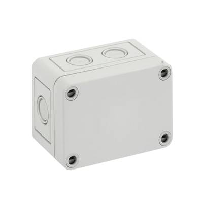 Prostokątna, szara obudowa z tworzywa sztucznego z czterema śrubami mocującymi, odpowiednia do zabezpieczania połączeń elektrycznych.